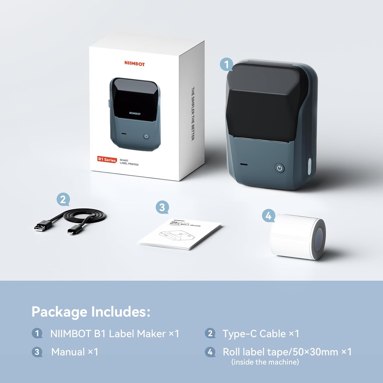 NIIMBOT Etikettendrucker, B1 Bluetooth Etikettiergerät mit Größeres Etikett, Selbstklebendes Aufkleber Druckgröße 20-50 mm Kompatibel mit iOS und Android für Heim, Büro, Blau