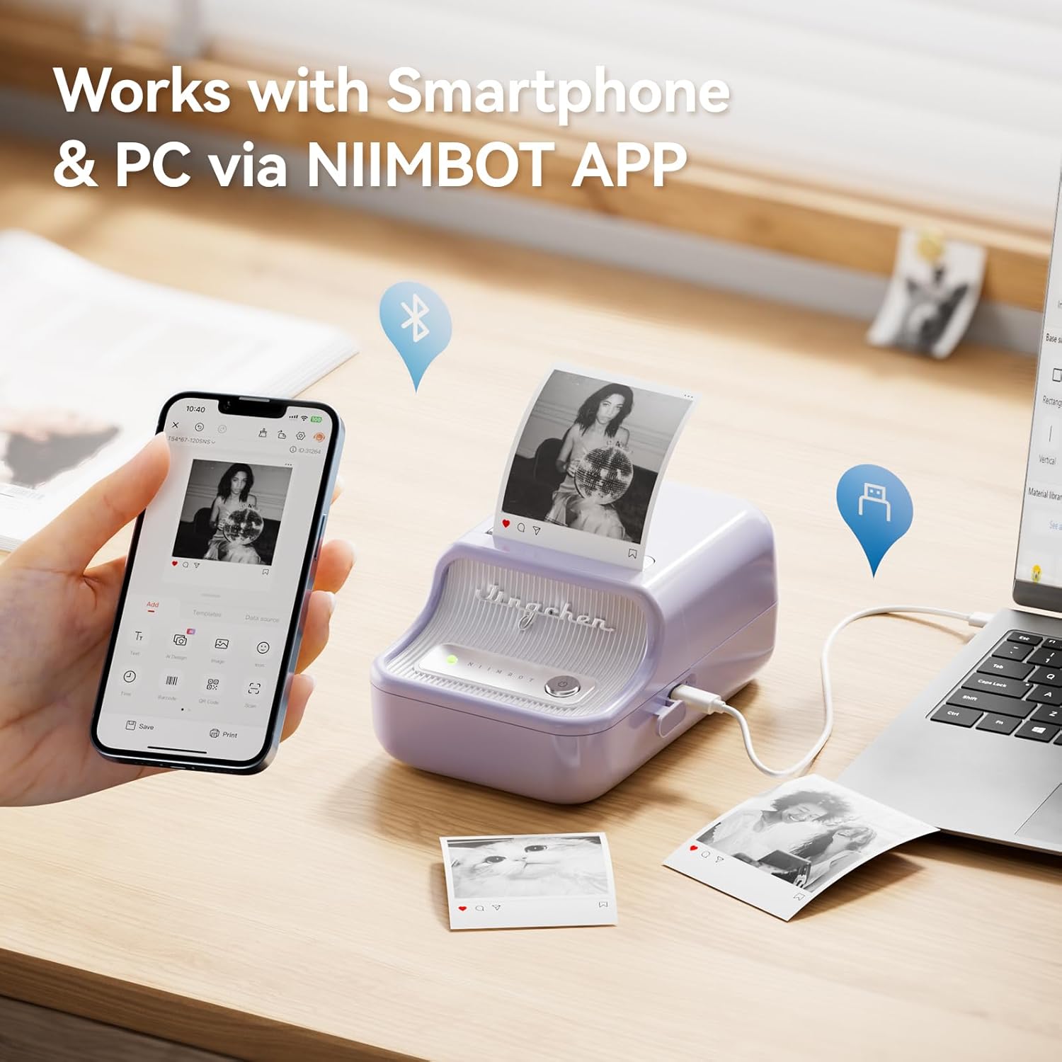 NIIMBOT Etikettendrucker B21 Pro, 300dpi Selbstklebendes Etikettiergerät Bluetooth Beschriftungsgerät Label Printer Fotodrucker für Lernen, Studiennotizen, Bilderdruck, Scrapbooking, Schwarz