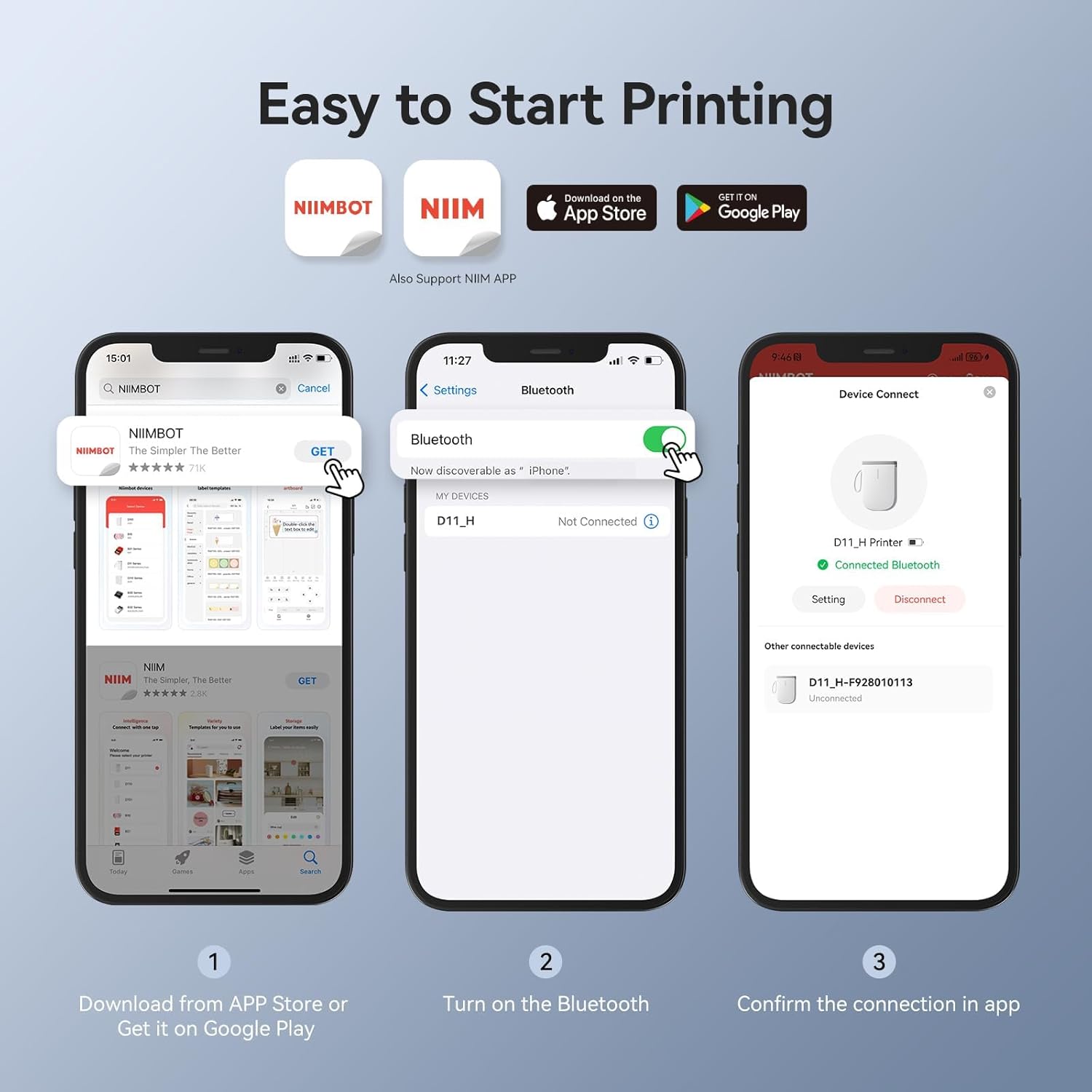 NIIMBOT D11 Etikettendrucker Selbstklebend mit 3 Etikettenrolle, 300 DPI Tragbarer Labeldrucker Etikettiergerät Selbstklebend, Kompatibel mit iOS und Android, Beschriftungsgerät Für Zuhause Büro
