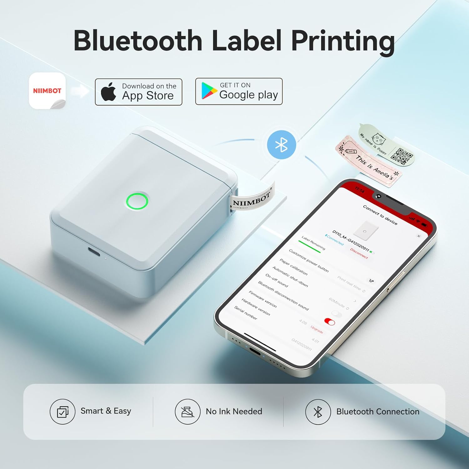 NIIMBOT Etikettendrucker D110 Upgrade, Mini Bluetooth Etikettiergerät Beschriftungsgerät Selbstklebend, Tragbares Sticker drucker Label Printer mit iOS Android, Geeignet für Zuhause Schule Büro
